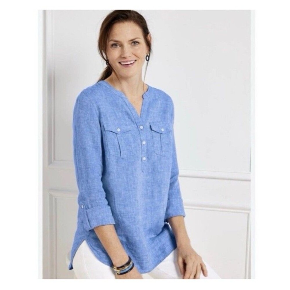 Talbots Linen Popover Top Women 2XP Petite Blue Roll Tab Sleeve Beachy Nautical
